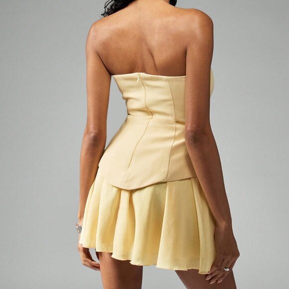 Yellow Casual Women's Strapless Crepe Chiffon A-Line Cocktail Mini Dress - Picture 2 of 6